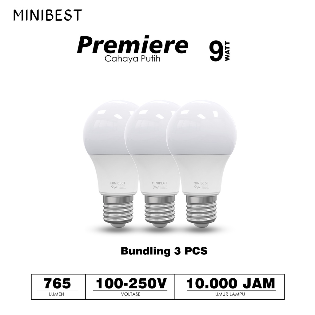 Minibest Lampu LED Premiere 9 watt Bundling 3pcs - Putih - Paket Murah