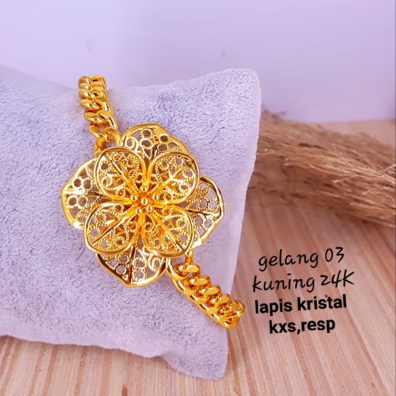 Gelang lapis kristal warna emas 24k, warna lebih awet