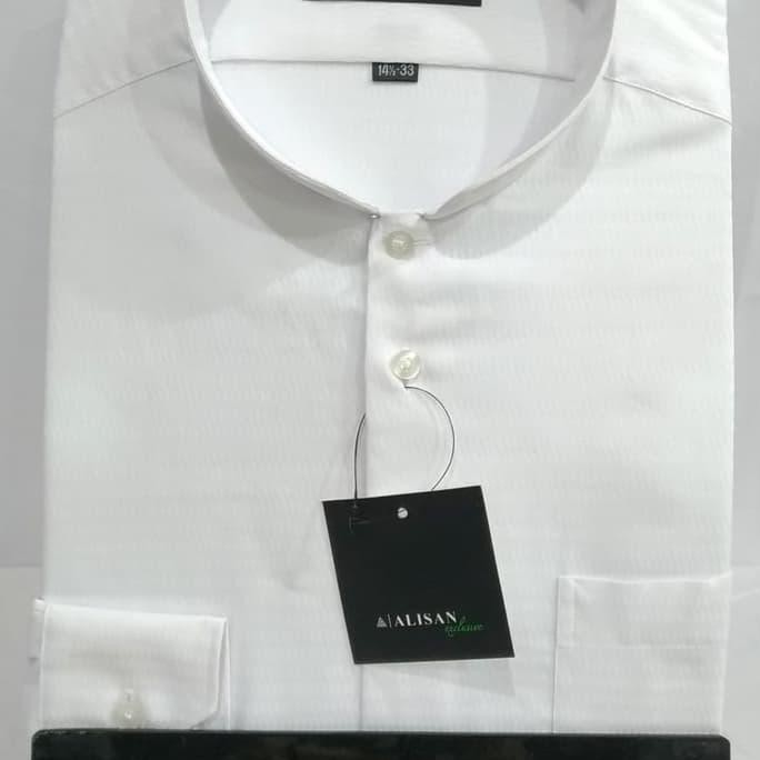 Kemeja Koko Pria Alisan Kerah Shanghai Putih Dobby Serat Molard - Putih, S