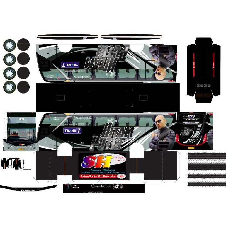 Lembaran Pola PaperCraft Bus Trans7 Hitam Putih viral Skala 1:50