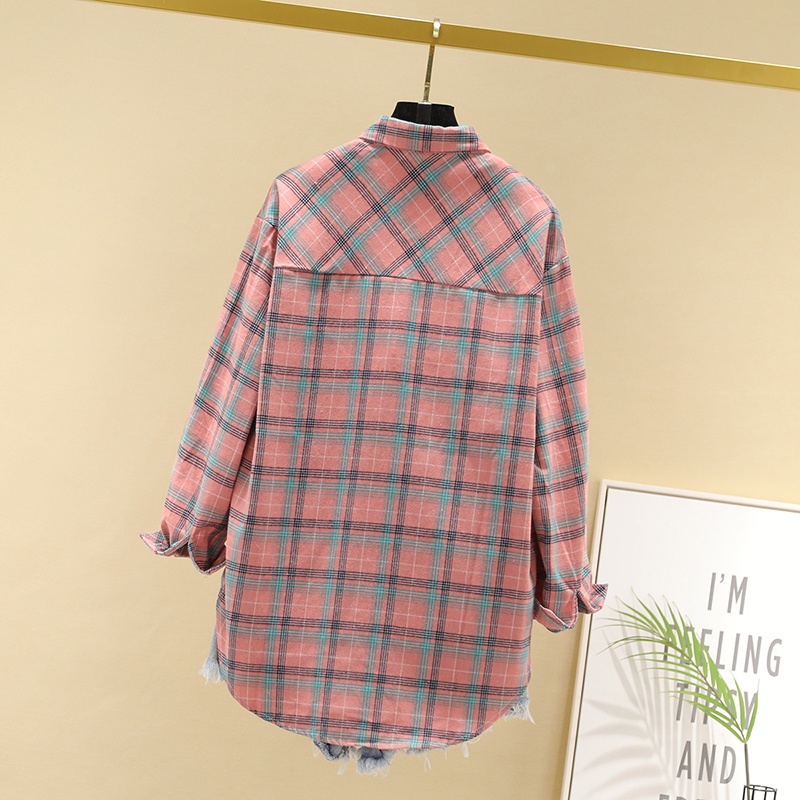 Kemeja kotak-kotak wanita gaya Korea blus all-match longgar retro lengan panjang gaya Hong Kong-5