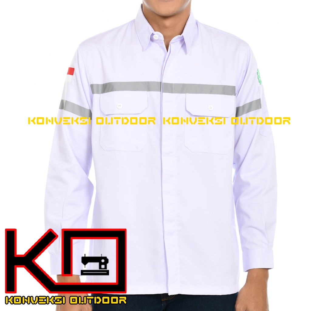 Kemeja Safety Pria Lengan Panjang - Baju Kemeja Kerja Proyek Wearpack Safety K3 Lapangan Outdoor Scotlite Indonesia Tebal Tambang Listrik Mekanik Teknisi Mesin Bangunan Werpack Driver Operator PLN Intalasi Listrik Enginer Teknik Sipil Kilang Warna Putih