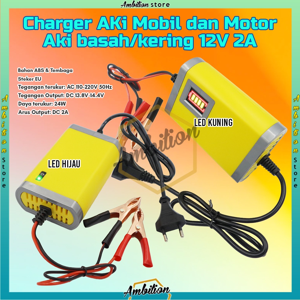 Alat Cas Aki /Car Truck Motorcycle Battery Charger 12V 2A [BISA COD] Varian Hijau / Kuning