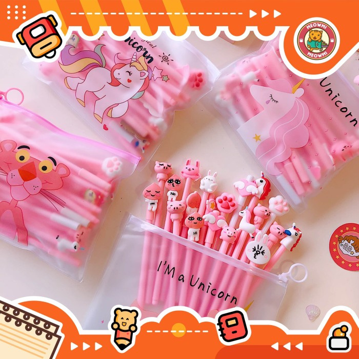 

MURAH 10pcs Pulpen Set Karakter Pink Free tempat pensil unicorn pvc