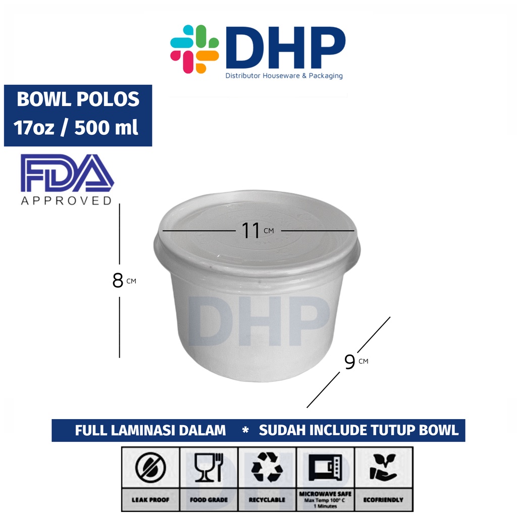 Paper Bowl Mangkok Kertas 17 oz (500 ml) Rice Bowl (Bowl + Tutup/Lid)