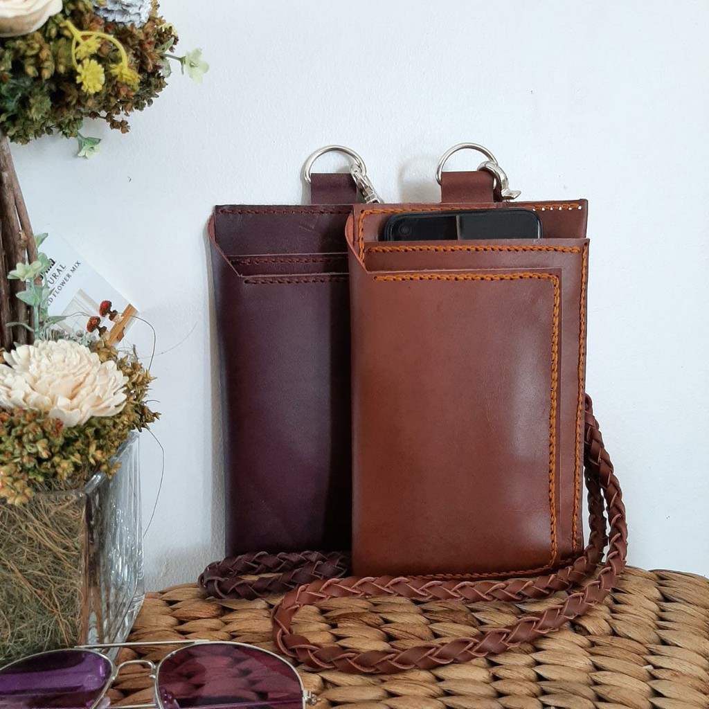 Tas kalung/tas leher hp kartu uang atm kulit sapi asli sulam hand made