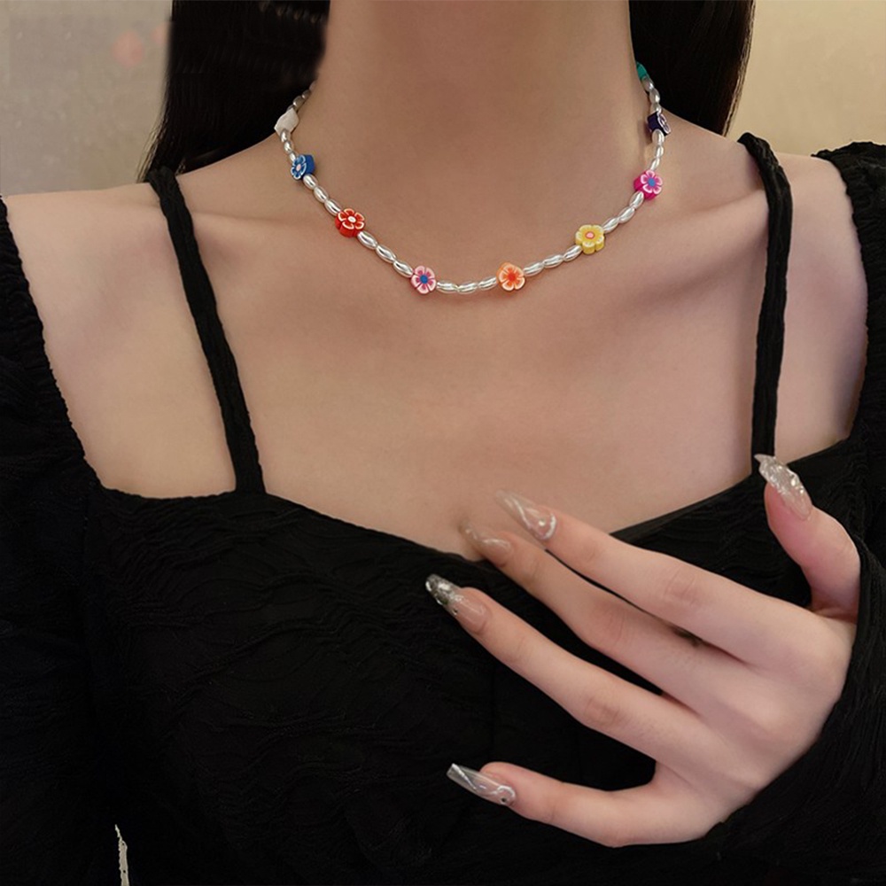 IFYOU Kalung Choker Rantai Mutiara Bentuk Bunga Warna-Warni Gaya Korea Untuk Wanita