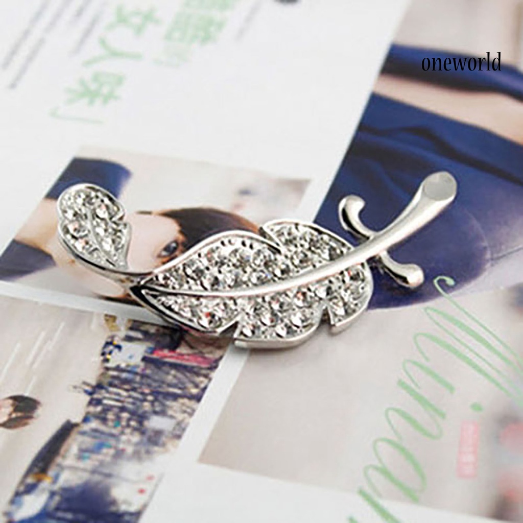 OW@ Women Fashion Leaf Silver Tone Rhinestone Wedding Gift Brooch Pin