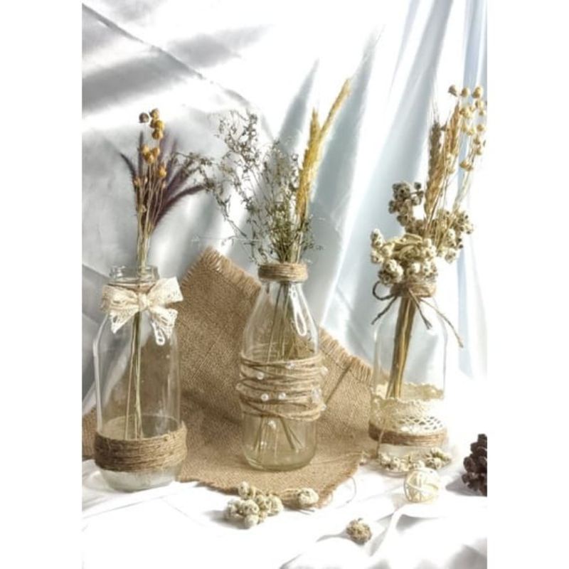 Vas bunga kaca 350ml/ vas bunga rustic/ vas bunga kaca tali rami 350ml/ botol hias dekorasi/ vas dek