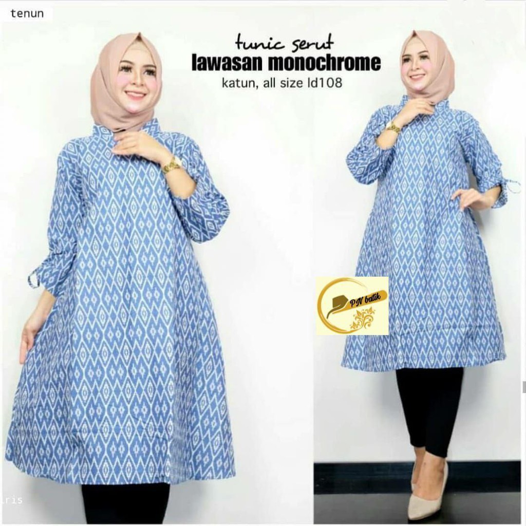 TUNIK BIRU, PAKAIAN BATIK WANITA, BAJU BATIK, SERAGAM KANTOR, SERAGAM BATIK #terbaru #top-Blus