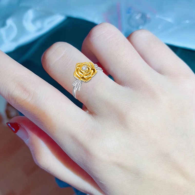 Fancyqube Cincin Wanita Model Terbuka Adjustable Desain Bunga Mawar + Daun Hias Berlian Imitasi