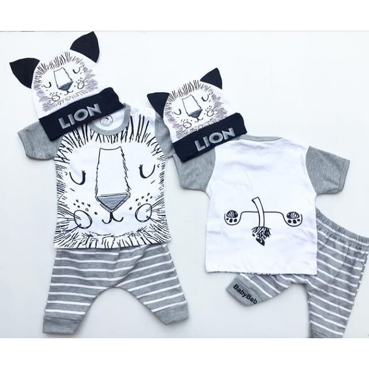 Baju setelan kaos celana topi motif singa lucu pergi jalan fashion anak bayi cowok laki murah -bab