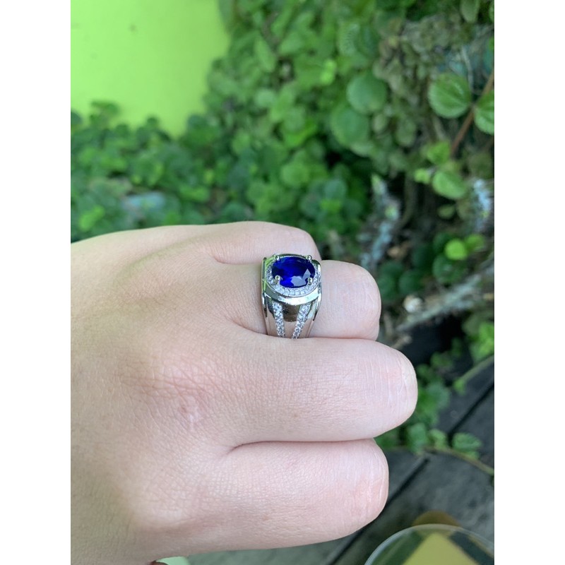Cincin King Safir Ring Perak Mewah Elegan Simple Minimalis Blue Saphire
