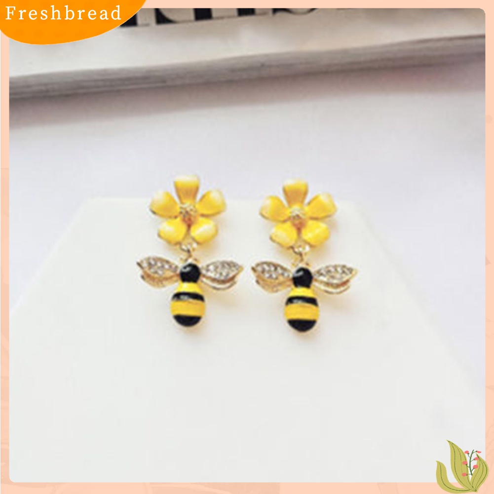 【Fresh】❀Women Bee Flower Enamel Rhinestone Inlaid Pendant Drop Earrings Jewelry Gift