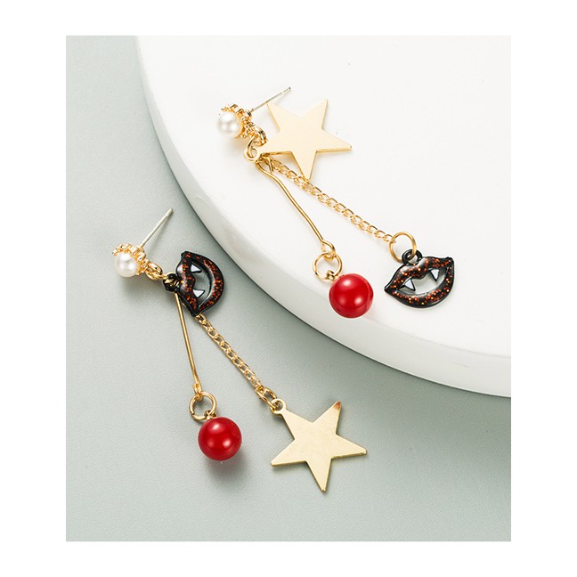 LRC Anting Tusuk Fashion Red Halloween Five-pointed Star Imitation Pearl Lips Irregular P50058