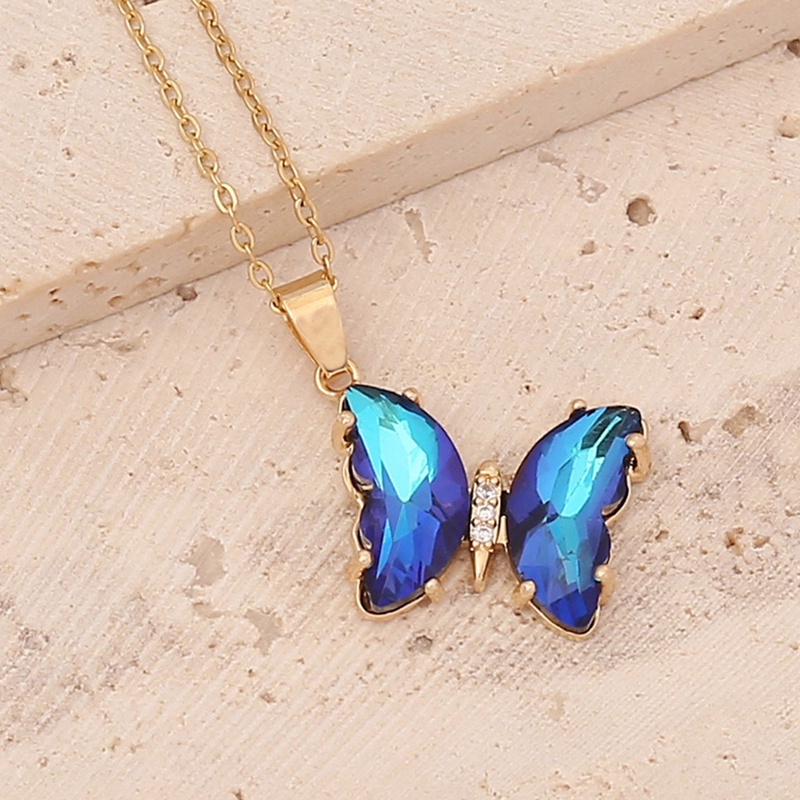 Kalung Rantai Klavikula Desain Kupu-Kupu Kristal Kaca Bening Gaya Korea Butterfly