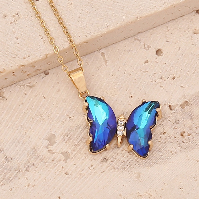 Kalung Rantai Klavikula Desain Kupu-Kupu Kristal Kaca Bening Gaya Korea Butterfly