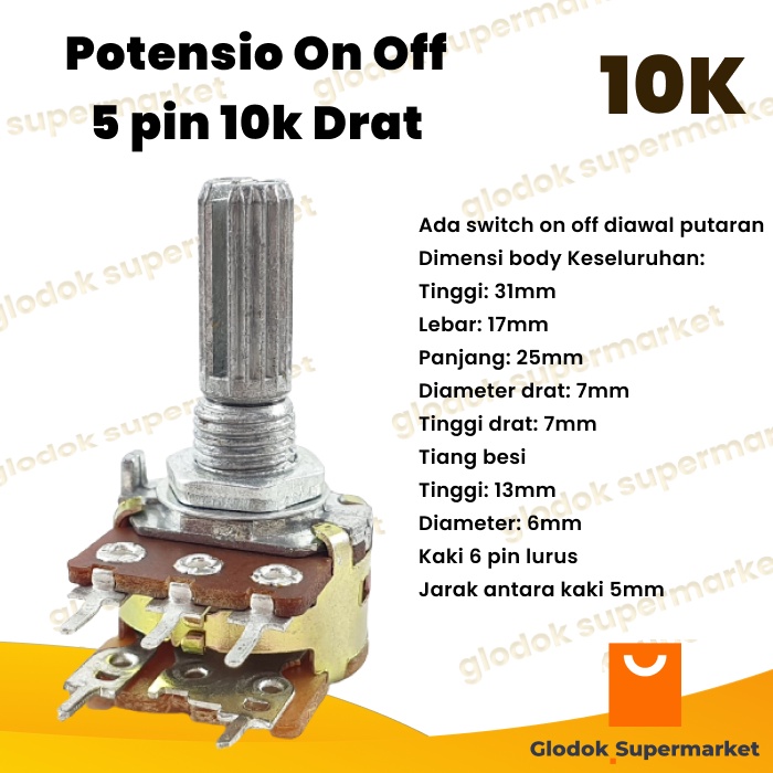 Potensio On Off 5 pin 10k Drat 5 Kaki Lurus Ada Switch On 103