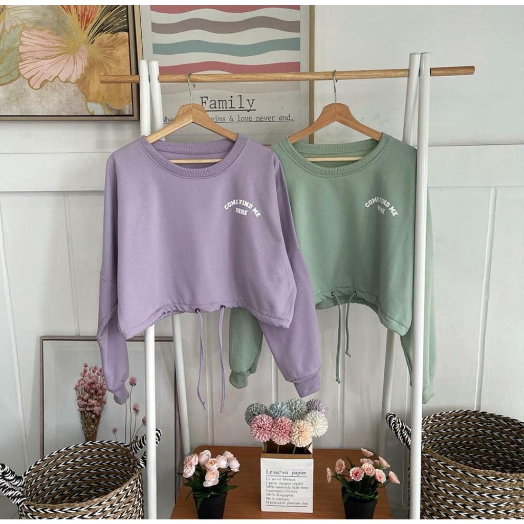 Sweater Croptop wanita Come Find Me Korean Style Bahan Fleece