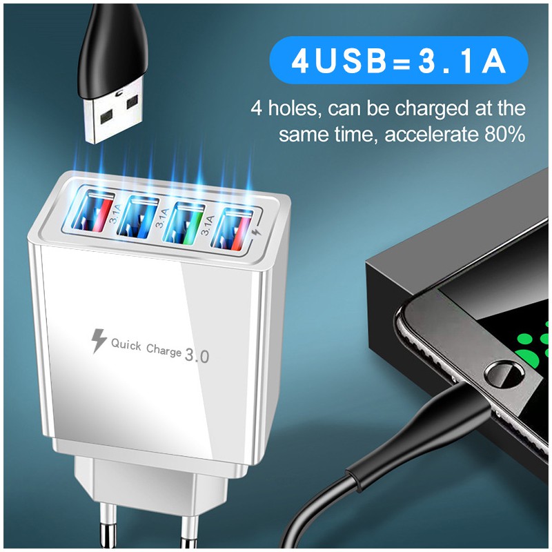 Adapter Charger 5V 3.1A 4 Port USB Quick Charging Fast Charging Pengisian Daya Cepat+Lampu LED