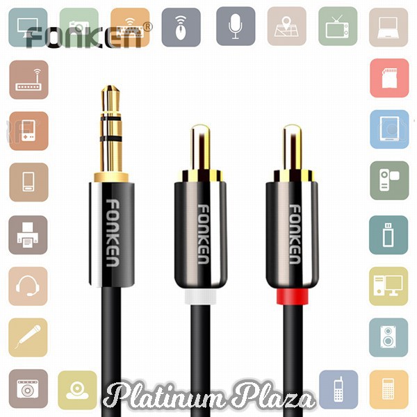 FONKEN Kabel AUX 3.5mm Male ke 2 RCA Male 1 Meter - R1 - Black`EG2JQM-