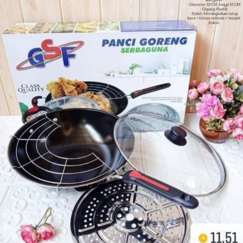 Panci goreng serbaguna GSF1132K Ukuran 32cm Bahan enamel tebal anti gores Free tutup kaca, saringan + tirisan minyak