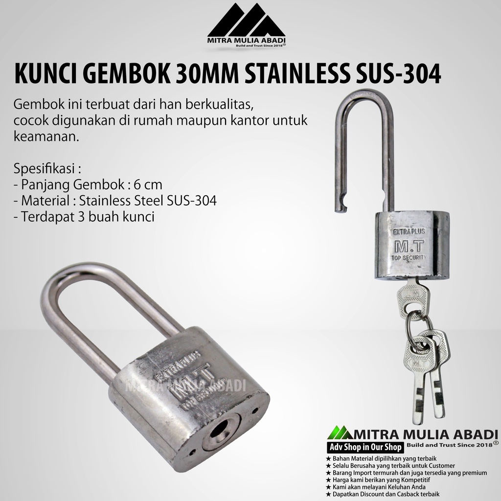 Kunci Gembok Stainless Panjang 30 mm / Iron Pad Lock / Leher Panjang