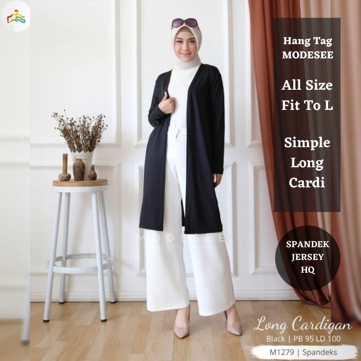 Modesee Cardigan Panjang Hitam Polos Simple Spandek Jersey Fashion Muslim M1279