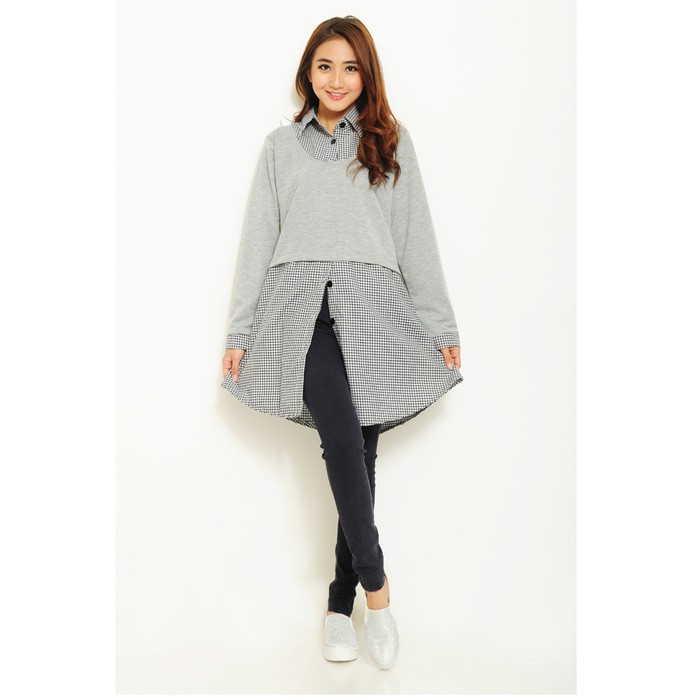 Tunik Bahan Kotak Kombinasi Polos - Liora