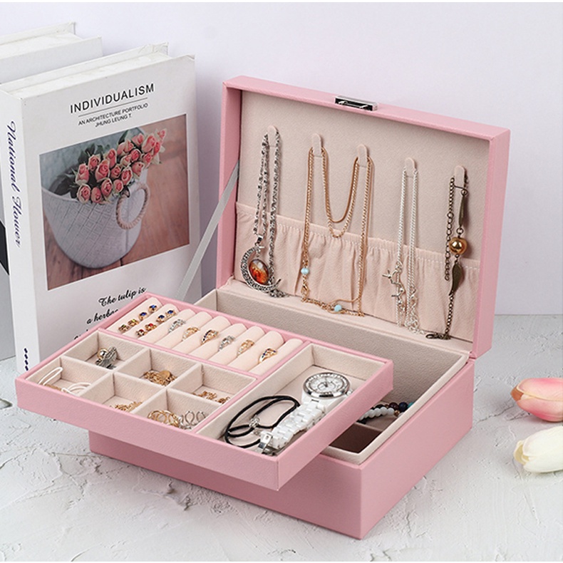 Barang spot * Jewerly Box / Kotak Penyimpanan Perhiasan Jam Tangan / Kotak Perhiasan Kulit / Cincin / Anting / Kalung/ jewelry box 2Tingkat/organizer lipstik/Multifungsi/Kotak Perhiasan/Termurahkotak jam tangan/kotak jam tangan/kotak perhiasan