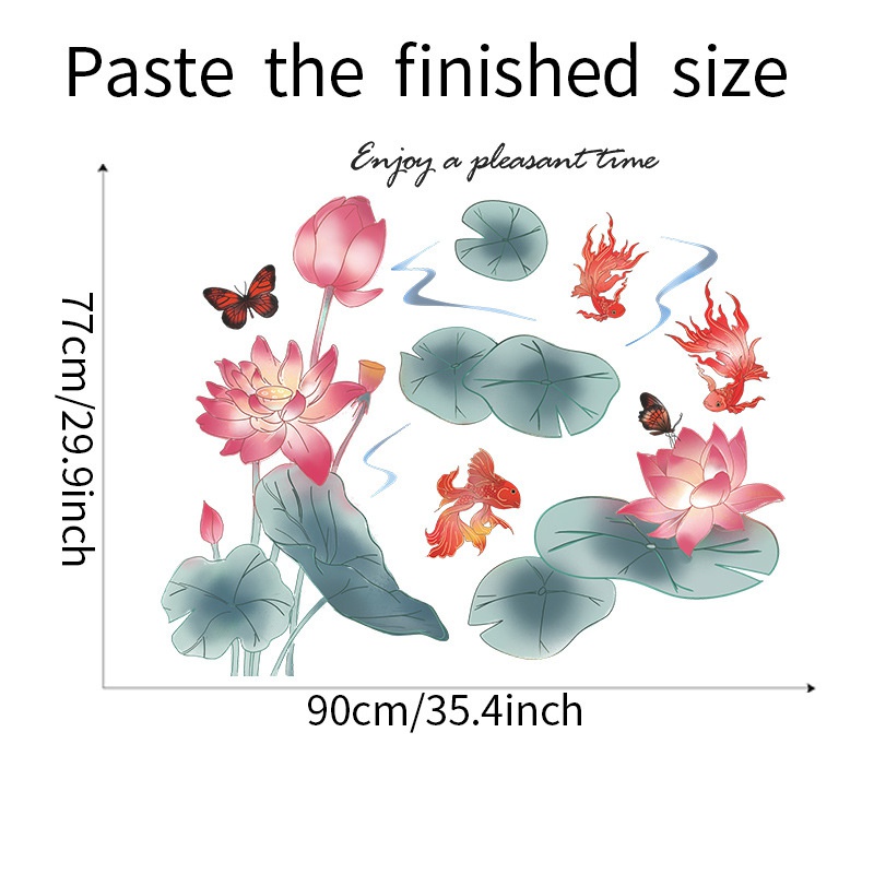 2pcs / set Stiker Dinding Desain Lotus Pond Dan Lotus Koi Butterfly Floral Gaya China Untuk Dekorasi Kamar Tidur