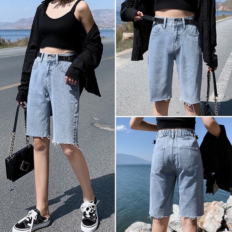 Women Bermuda Denim Shorts Spring Summer Fashion Casual High Waist Slim Loose Knee Length Elastic Stretch Short Jeans Streetwear Black Blue White Shopee Indonesia