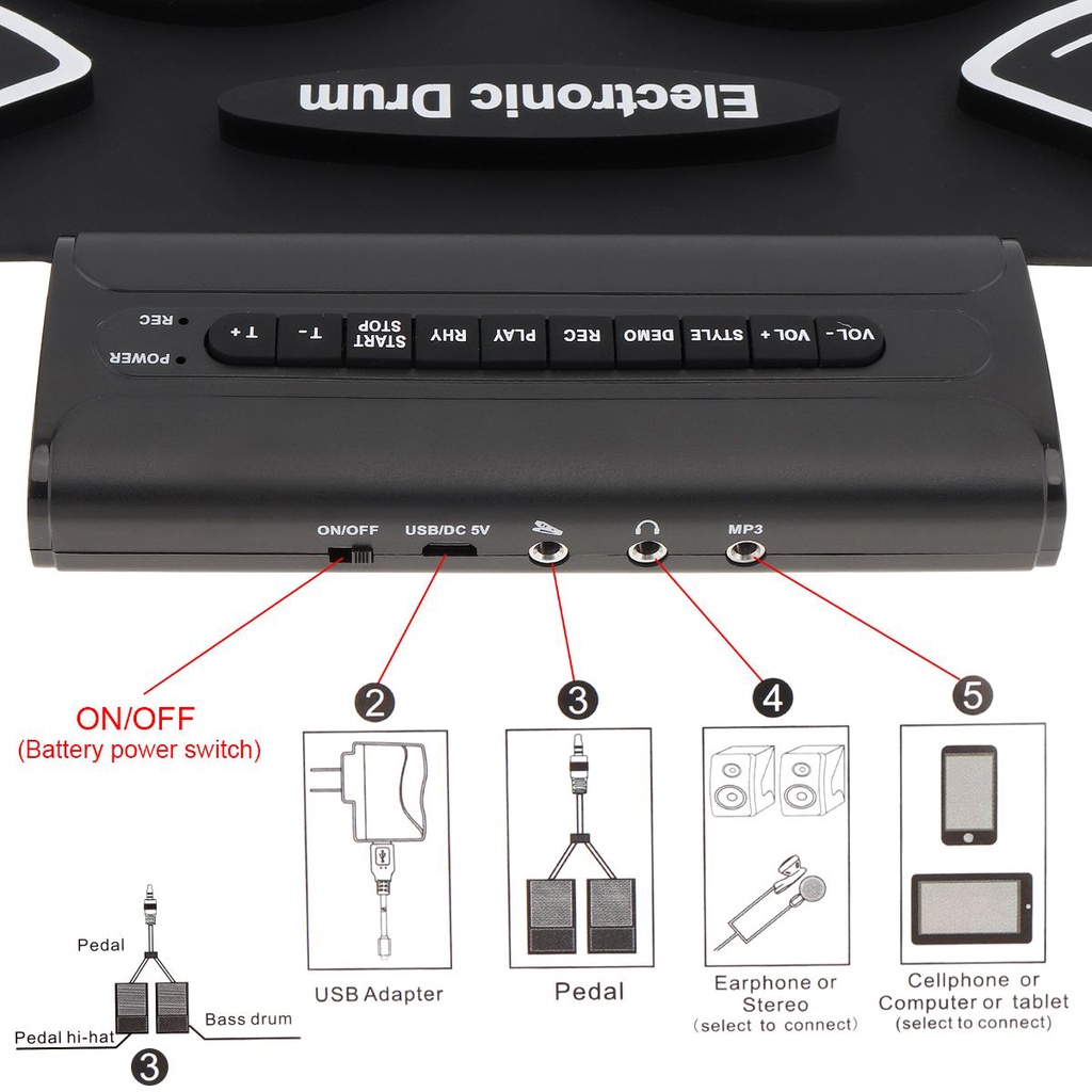 9 Pad Drum Elektrik Bahan Silikon Tebal Dengan 1 Pasang Stik Dan Pedal Sustain