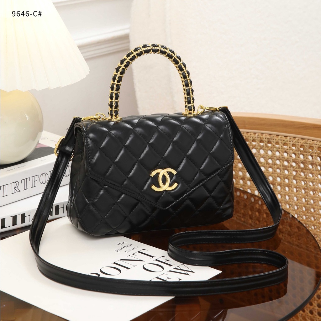 C Flap Bag 9646-C With Top Handle Calfskin &amp; Gold-tone Metal Black