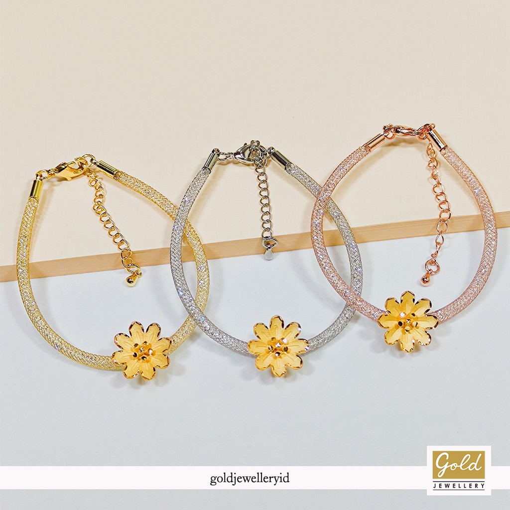 Gelang tali emas kuning kadar 700 70% charm bunga daisy tali glitter