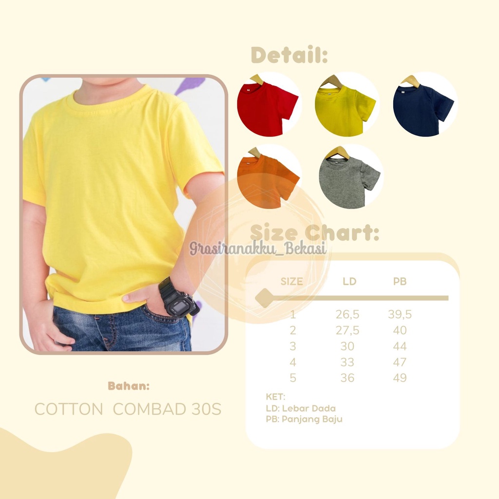 Kaos Anak Polos Kuning Size 1-5Tahun