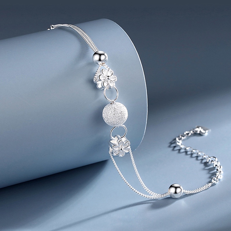 Gelang asli perak 925 untuk wanita Desain bunga, manik-manik bulat kecil buram Perhiasan fashion