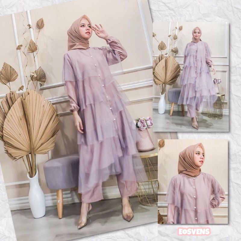 Eosvens Tunik Tile Dayana Set Celana Brokat Gamis Halwa Organza Kamila Candy Lady Polos One Set Keba