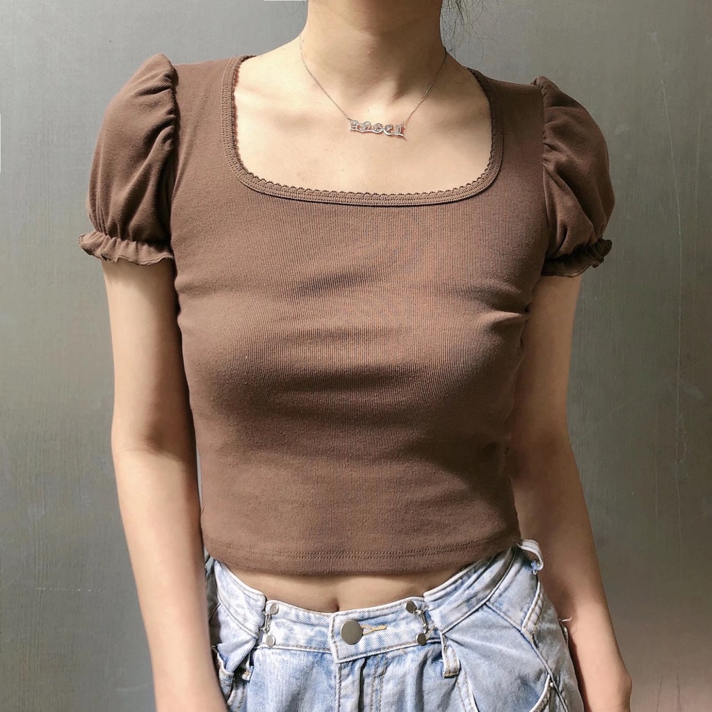 #Sisjuly# T-shirt wanita lengan pendek leher persegi gaya BM baru wanita