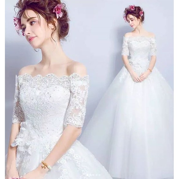 gaun wedding model off shoulder atau sabrina, gaun pengantin puTIH/ GAUN PERNIKAHAN SABRINA