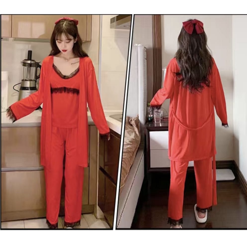 baju tidur kimono bahan satin silk import 3in1
