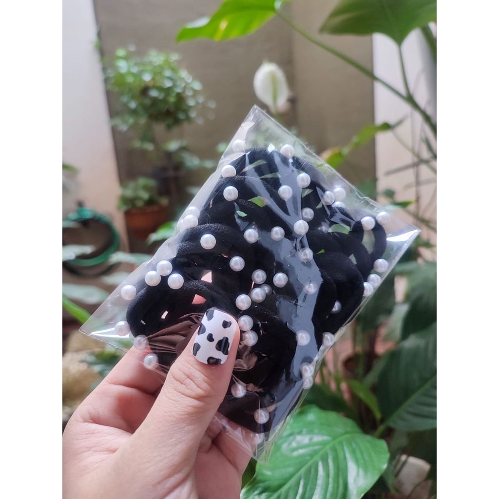 Ikat Rambut Korea Towel Ring Set ( isi 50pcs)-TOWEL PEARL-BLACK(20