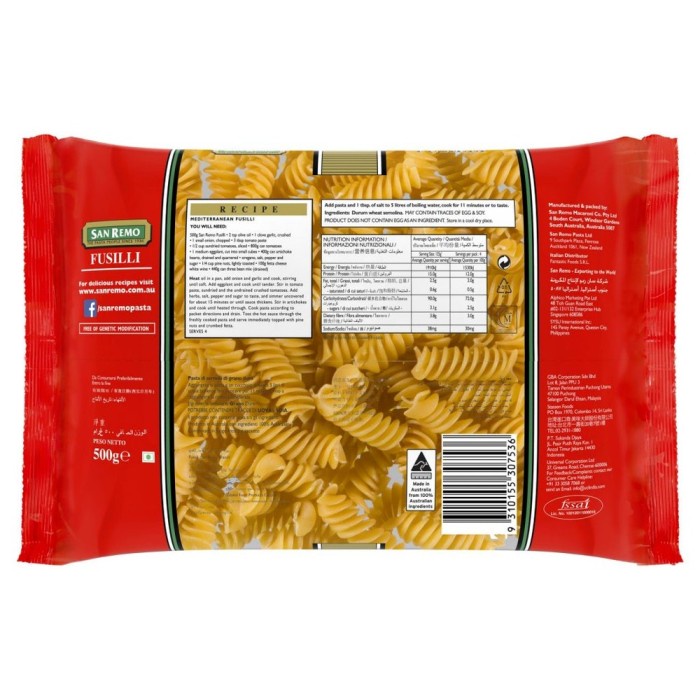 

Pasta-Aneka- San Remo Fusilli 500 Gr -Aneka-Pasta.