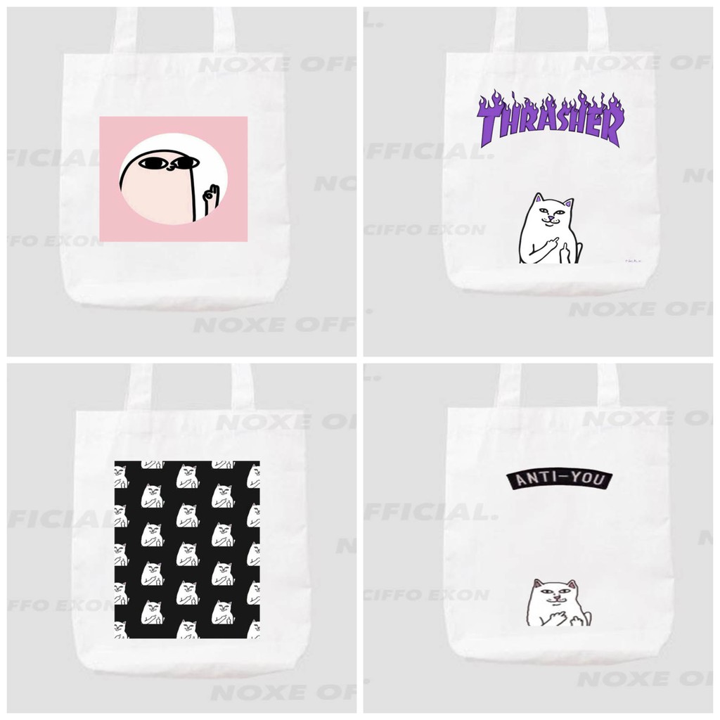 Tote bag kanvas wanita warna putih gambar kucing kekinian antimain stream