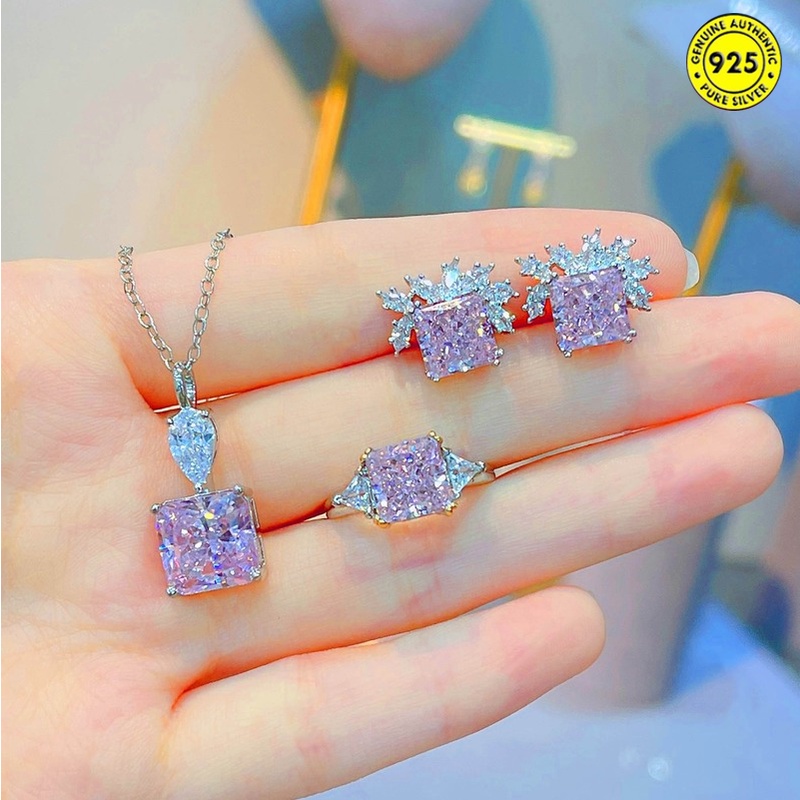 Pink Diamond Necklace Female Clavicle Chain Ice Flower Ear Stud and Ring Suit