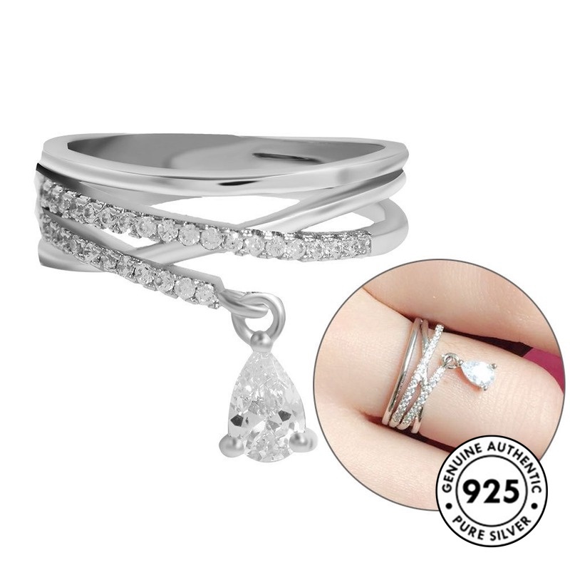 Cincin Sterling Silver 925 Elegan Model Tetesan Air Dengan Berlian Imitasi Untuk Wanita