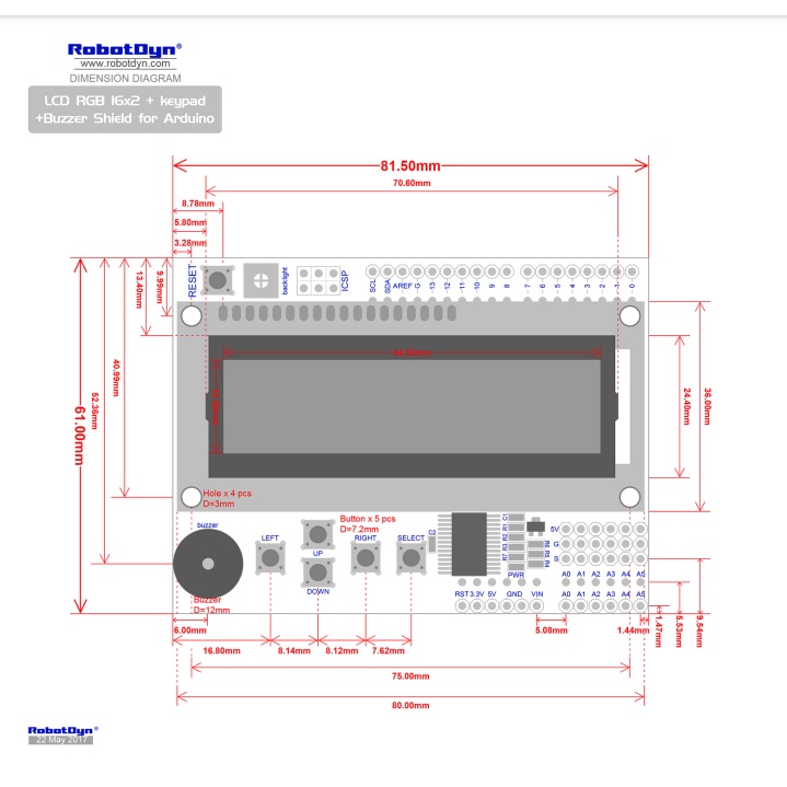 RobotDyn LCD RGB 16x2 + keypad + Buzzer Shield for Arduino