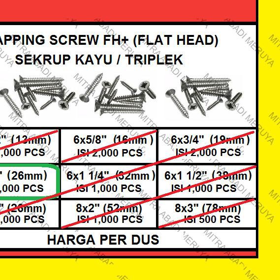 ✦ Sekrup Kayu Sekrup Tapping Screw FH 6 x 1" (26 mm) 1 DUS ✴