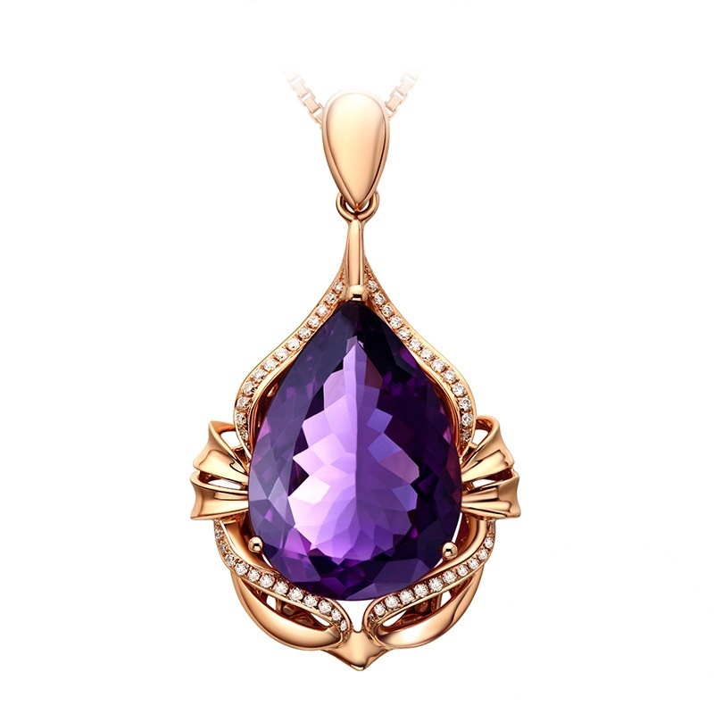 [Ready Stock]Fashion Inlaid Amethyst Hanging Luxury Micro Inlaid 18K Rose Gold Necklace