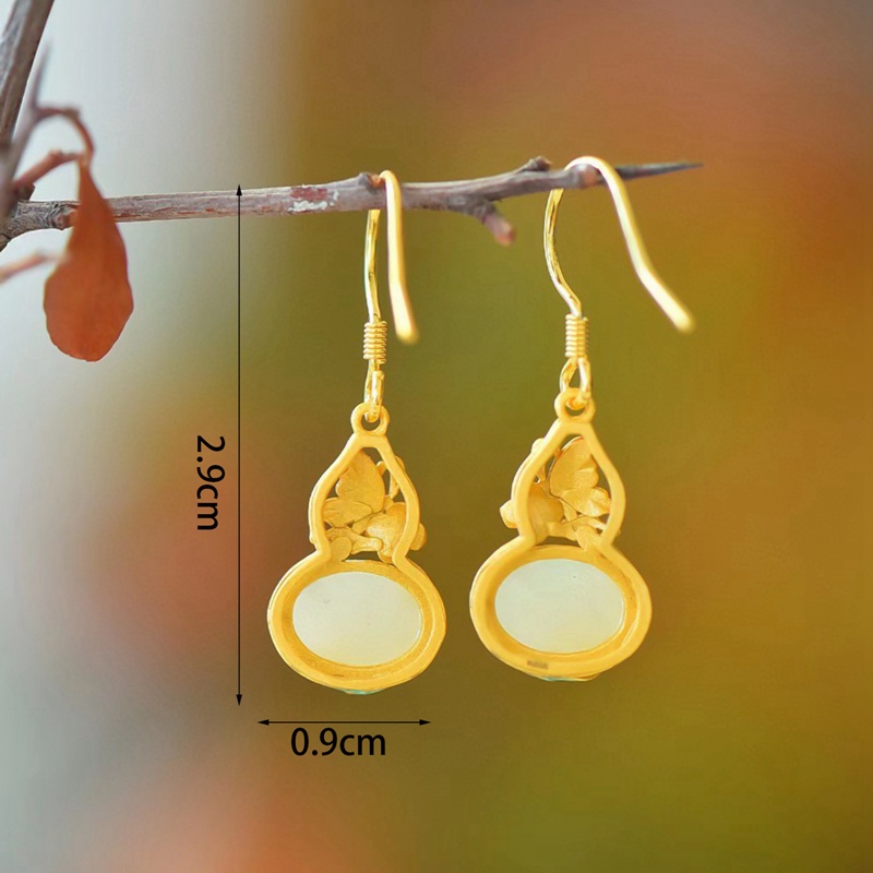 Fancyqube Anting Silver Inlaid Natural Hetian Jasper Froude Gourd Gaya China Retro Palace Untuk Wanita